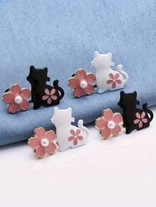 Cute Cat & Sakura Flower Pattern Buttons: Adjustable Waist, Detachable, Fashion Design - White And Black Metal Buttons Clothing Accessories - Multicolor - View 5