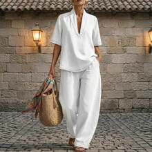 2026 European And American Summer New Women's Loose Casual Solid Color Comfortable Minimalist Denim Two-Piece Set,Trajes Elegantes De Mujer,Conjunto De Dos Piezas Mujer - Màu xanh lam - Xem 3