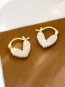 一对心形仿珍珠甜美轻奢名媛时尚节日礼物度假日常轻奢高端女士耳环 - 白色 - 查看 3