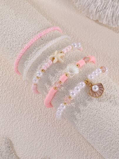 5件套女孩珍珠和米珠软陶串珠手链套装，适合日常装饰