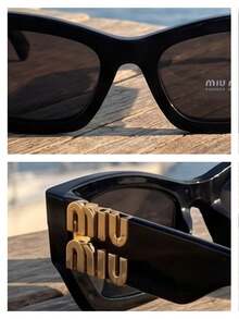 Miu Miu Black Oval Frame Gold Logo UV Protection Fashionable Women's Sunglasses, Summer Beach Style - Black - View 6