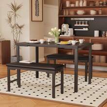 Juego de comedor para 4 personas, mesa de cocina de 3 piezas con 2 bancos, mesa de desayuno estilo rústico de 110 cm con estructura metálica, ideal para espacios pequeños. Color negro - Negro - Ver 7