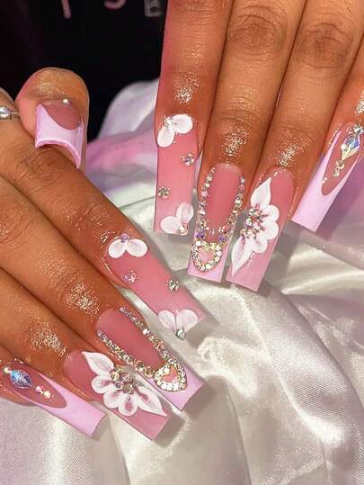 French Floral Acrylic Nails 24Pcs Long Square Press On Nails, DIY Art Pink 3D False Nail Set, Decorated With Hearts And Diamond-Cut Rhinestones. Perfect For Nail Salons, Everyday Wear For Women, Holiday Parties, And As Gifts.