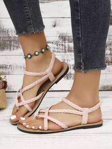 Giày sandal nữ dệt chéo co giãn, kiểu dáng thanh lịch, thời trang, phong cách bohemian, thoải mái, gợi cảm, làm từ da PU, thích hợp cho kỳ nghỉ hè và đi biển. - Hồng - Xem 4
