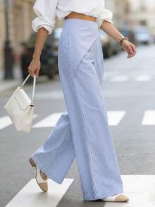 女士春夏新款蓝白条纹阔腿裤 - 情人节裹腰设计，适合办公室休闲、海滩度假和周末早午餐 - 藍白色 - 查看 3