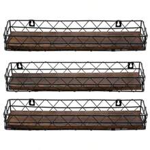 MyGift - 3 estantes para especias montados en la pared organizadores colgantes para frascos de especias o botellas de condimentos 14 pulgadas madera maciza rústica quemada y alambre de metal negro - Madera quemada y metal negro - Ver 5