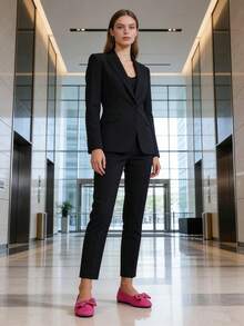 女士淡粉色蝴蝶结平底鞋，甜美风格夏季绒面革圆头芭蕾舞鞋，百搭优雅约会派对通勤休闲鞋 - 玫紅色 - 查看 12