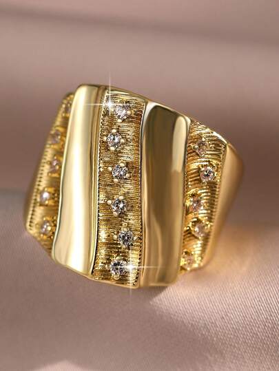 jealous young 1pc Personalized Wide Ruffles Copper Micro-Inlaid Luxurious Floral Gold Plated Unisex Big Ring,Creative Retro Design, Showcases Feminine Men's Charm, Suitable For Daily, Party, Street Photography And Other Occasions