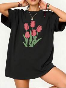 1 Stück schwarzes, übergroßes Damen-T-Shirt aus Baumwolle mit Rundhalsausschnitt, handgezeichnetes, weiches Blumenmuster mit rosa Tulpenstrauß, Kurzarm-T-Shirt - Schwarz - Übersicht 3
