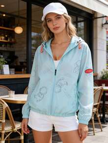 两件套女士轻薄外套，夏季度假防晒服，薄款熊纹印花亲肤外套，男女通用户外防蚊钓鱼衫，轻便速干连帽上衣 - 彩色 - 查看 3