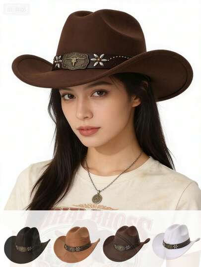 1pc Retro American Western Cowboy Hat, Metal Bull Head Decor, Sturdy Brim, Suitable For Music Festival, Street Style, Versatile