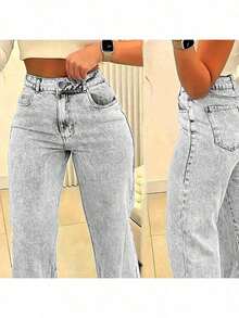 Plus Size Women Straight Leg Loose Casual Jeans With Pockets Spring - Grey - View 3