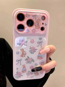 Luxury Cute Pink Flower Rabbit Bow Plaid Large Window Phone Case Compatible With IPhone 17 Pro Max 16 15 14 Pro Max Fashion Freshness White Background Pink Border Shockproof Back Cover - Pink - View 2