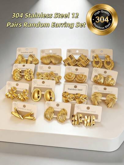 12-Piece Fashionable And Minimalist Random Earrings Set In Stainless Steel. Perfect For Women To Wear Daily./Earrings/Summer/Beach/ Beach Accessories For Women/Stainlees Steel Jewelry/Vacation Essentials/Spring