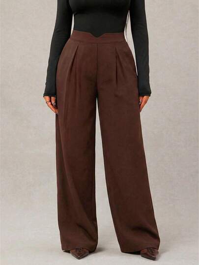 SRoinpar Chocolate Color High Waist Wide Leg Pants For Women, Minimalist Style With Pleated Design, Suitable For Office And Casual Occasions, Comfortable And Fashionable Bottom Wear For Autumn And Spring
