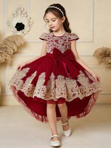 Young Girls Embroidered Mesh Puff Sleeve Elegant Trailing Formal Dress, Suitable For Party, Birthday, School Dance, Without Headband - Burgundy - View 1