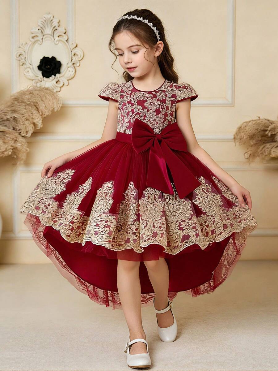 Young Girls Embroidered Mesh Puff Sleeve Elegant Trailing Formal Dress, Suitable For Party, Birthday, School Dance, Without Headband - Burgundy - View 1