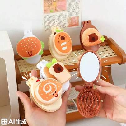 1pc Foldable Comb - Cartoon Pattern, Portable With Built-In Mirror, Hollow Ribbed Design, Anti-Static, Wet & Dry Use, Easy Hair Styling, Suitable For National Day, Bathroom, Scalp Massage, Back To School, Travel & Daily Life/Valentine's Day/Travel