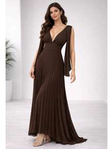 Long Pleated V-Neck Dress, Perfect For Bridesmaids, Weddings, Graduations, And Parties - Rust Brown - View 2