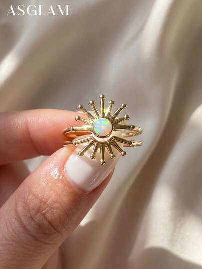 2pcs Creative Opal Sparkling Sun Stackable Rings, 925 Sterling Silver Jewelry, Elegant Jewelry Gift For Women, Girls Birthday Party