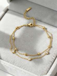 1pc 18K Gold Plated Stainless Steel Double Layer Zirconia Anklet, Bohemian Style Summer Beach Vacation Jewelry Accessory - Double Anklet - View 1