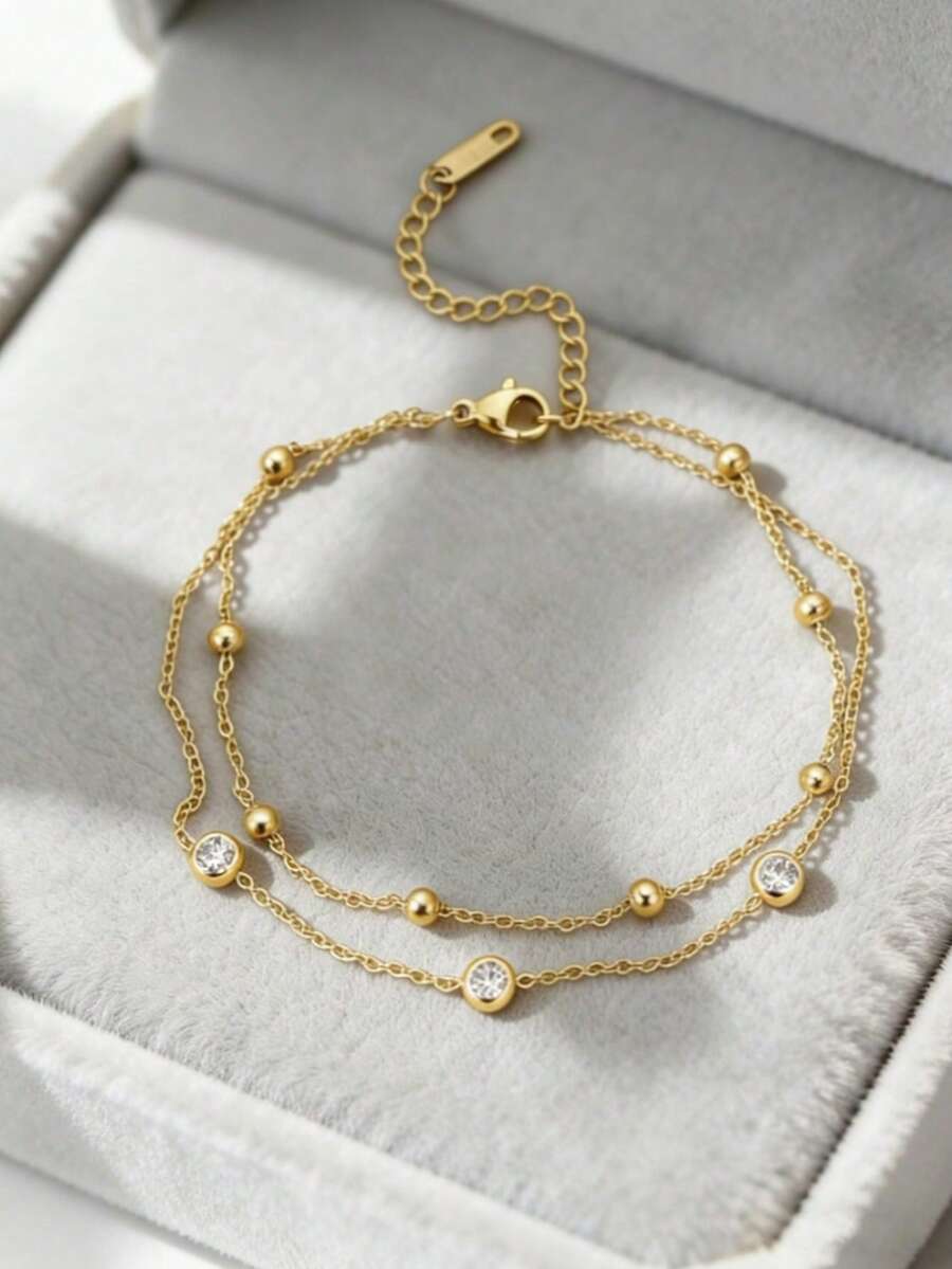 1pc 18K Gold Plated Stainless Steel Double Layer Zirconia Anklet, Bohemian Style Summer Beach Vacation Jewelry Accessory - Double Anklet - View 1