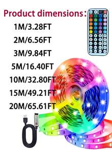 家用裝飾 LED 燈條，可透過 App 與 44 鍵紅外線遙控器控制，亮度可調、可變色，支援 DIY 模式與音樂同步，適用於電視背光、酒吧、客廳、萬聖節派對、房間裝飾、婚禮裝飾及聖誕禮物 - 彩色光 - 查看 12