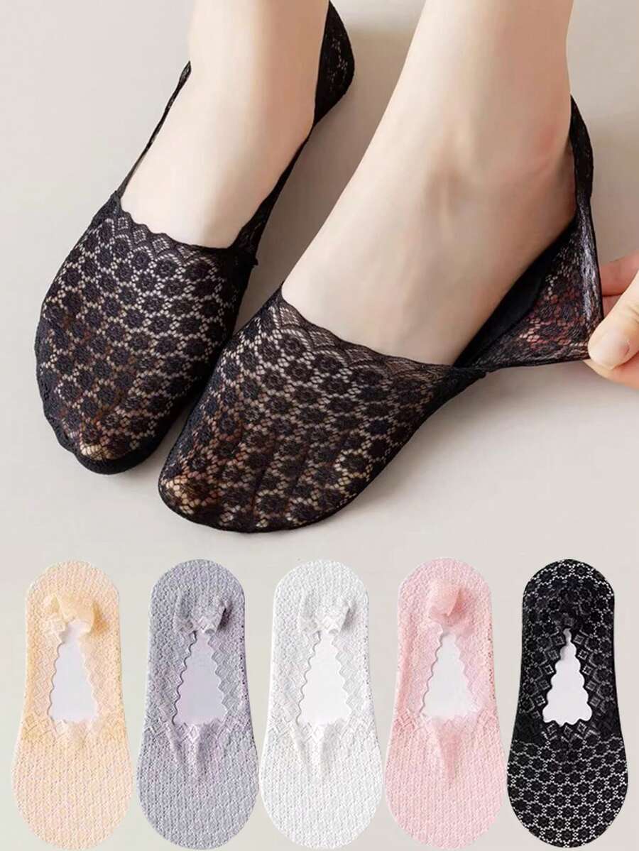 1/5/10 Đôi tất nữ mùa hè mỏng, thoáng khí, chống trượt, ren trong suốt, thời trang, cổ thấp, kiểu thuyền. - Nhiều màu - Xem 1