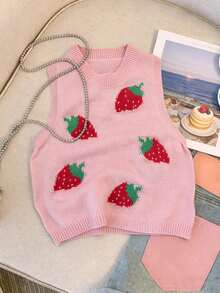 Women's Casual Elegant Sweet Strawberry Print Round Neck Sleeveless Knit Cropped Top/Tank, Summer Blouse, Summer Clothing, Women's Party Top/Tank, Women's Beach Outfit, Women's Outdoor Top, Elegant Party Top/Tank, Women's Holiday Outfit, Women's Leisure Top - Pink - View 3