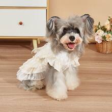 奶油色蕾丝狗狗公主裙，珍珠蝴蝶结多层蛋糕裙宠物礼服 - 米色 - 查看 4