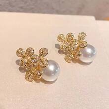 一对小众高端铜镀锆石三朵花珍珠耳环，浪漫氛围女士耳环 - 時尚耳環 - 查看 9