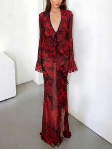 DOUCIU 2pcs Carp Print Sheer V-Neck Top And Long Ruffles Skirt Set Sexy Beach Vacation Sytle Outfit - Red - View 2