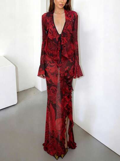 DOUCIU 2pcs Carp Print Sheer V-Neck Top And Long Ruffles Skirt Set Sexy Beach Vacation Sytle Outfit