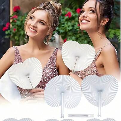 12支白色心形折叠纸扇，婚礼装饰，白色心形折叠纸扇，适用于婚礼、情人节、旅行，纸扇，白色散装可折叠手持扇，婚礼装饰心形圆形手风琴扇，带塑料手柄，婚礼生日派对DIY小礼物，心形折叠纸扇，婚礼塑料手持口袋纸扇，白色纸扇，派对装饰