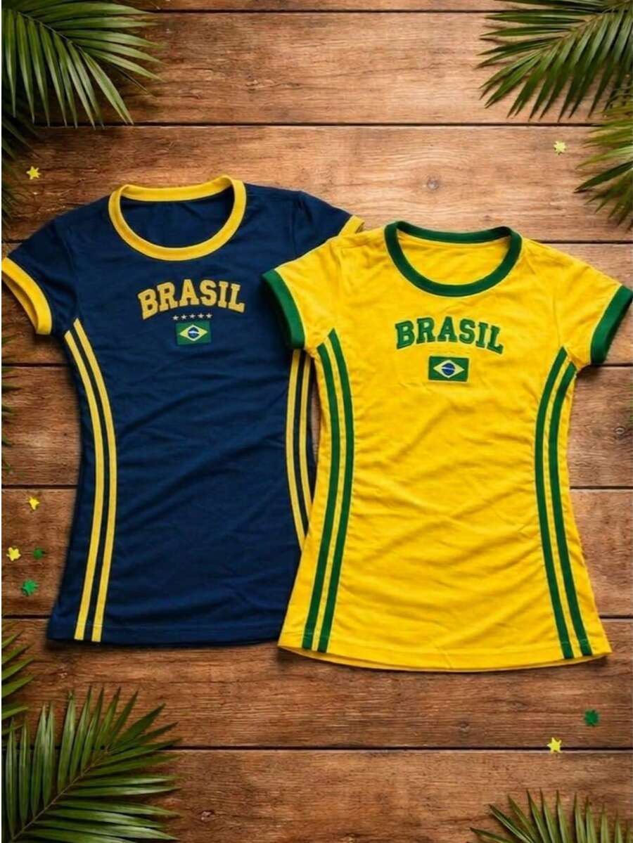 Brazil Baby Look Style Blouse Kit With Embroidered Details, Polyester - Xanh lam / Vàng - Xem 1