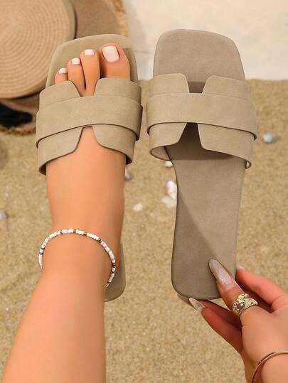 Spring/Summer New Fashion Casual Slip-On Sandals, Women's Comfortable Flat Slides, Outdoor Beach Shoes, Minimalist Square Toe Low Heel Versatile Style, Elegant Women Shoes, Comfortable Ladies Shoes, Women's Summer Footwear, Valentine's Day Mother's Day