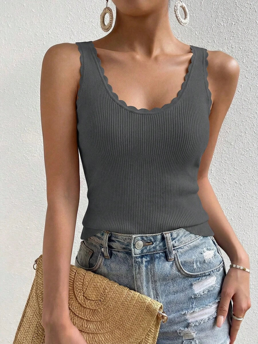 Womens Summer Sleeveless Tank Tops V Neck Ruffle Lightweight Ribbed Knit Shirt Casual Going Out Top - Màu xám đen - Xem 1