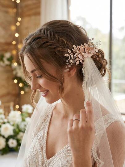 1pc Elegant Floral Decor Crystal & Pearl Hair Comb, Romantic Bridal Wedding Hair Accessory, Party Occasion Hair Clip