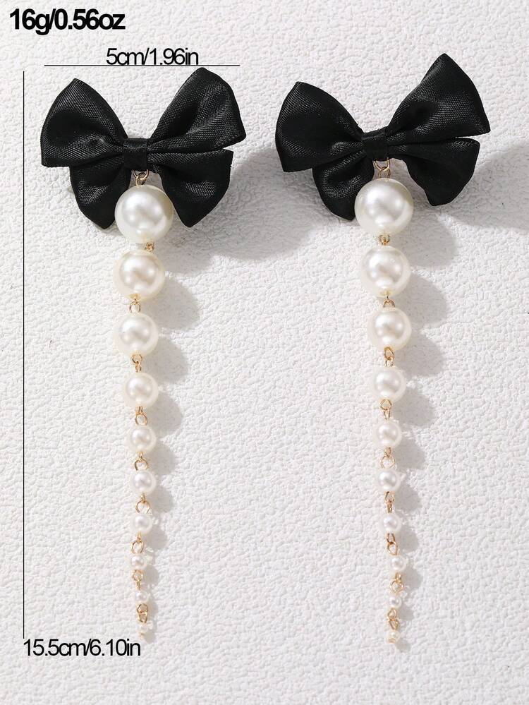 1 Đôi bông tai dài tua rua đính ngọc trai hình nơ thời trang, thanh lịch, thích hợp cho các bé gái đeo hàng ngày, dự tiệc, đi nghỉ mát. - màu đen - Xem 5