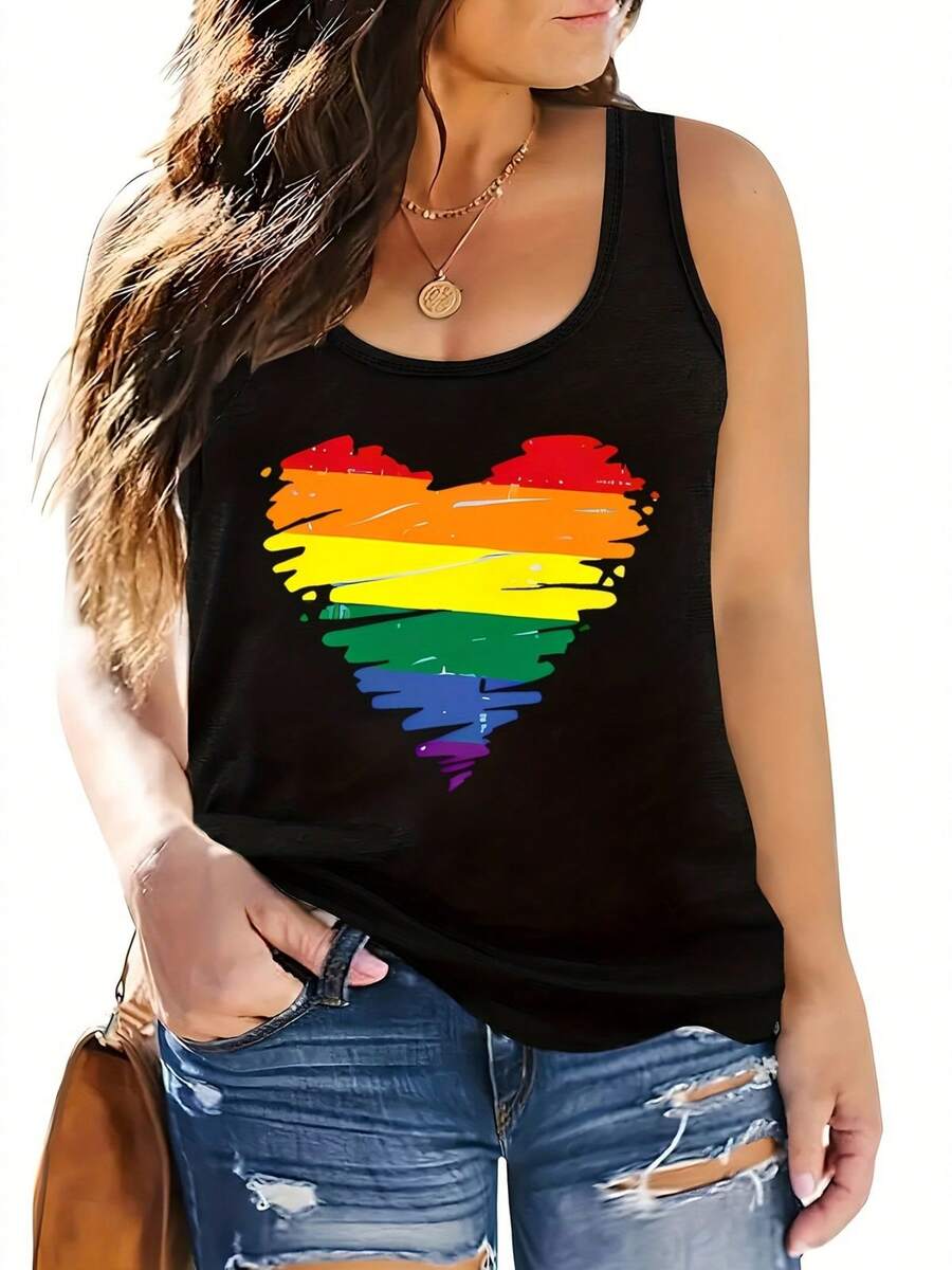 Women's LGBTQ+ Pride Rainbow Heart Tank Top, Sleeveless Casual Summer Top For Support & Everyday Wear - 黑色 - 查看 1