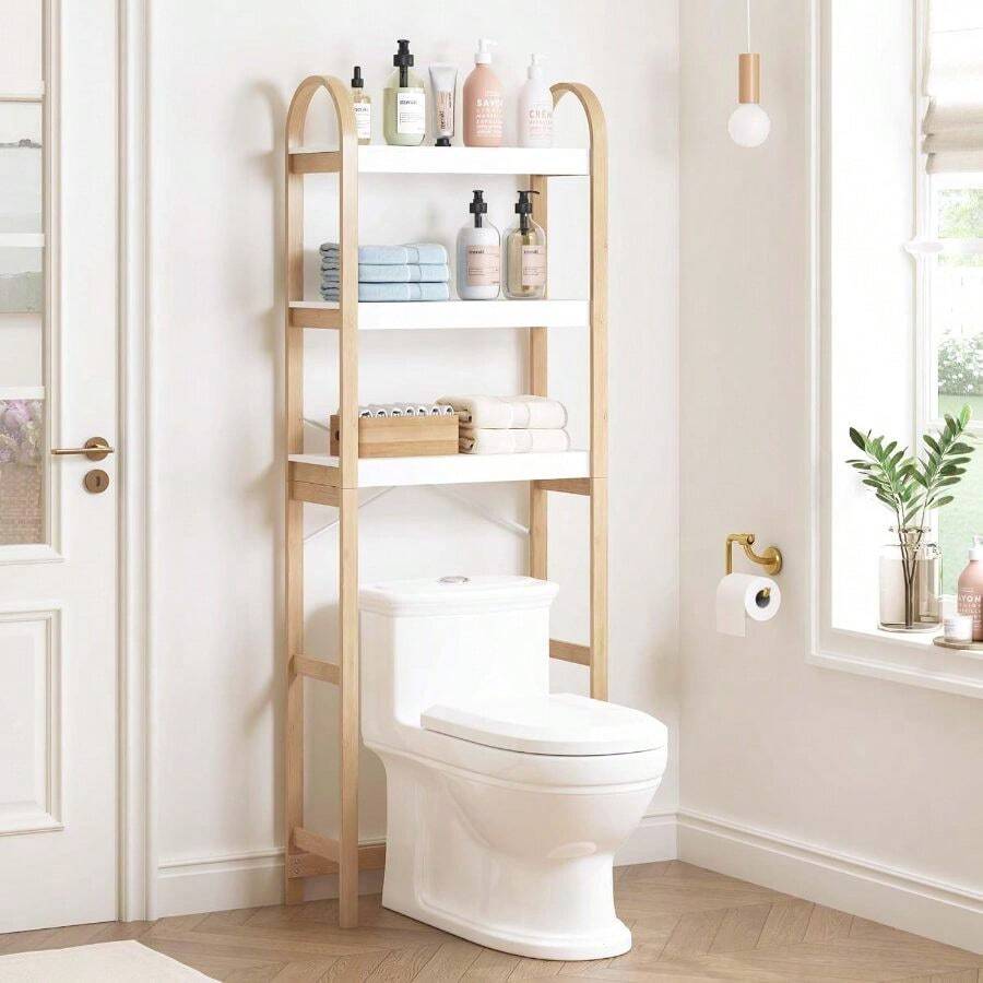 3-Tier Bamboo Over The Toilet Storage Shelf Bathroom Organizer Space-Saving Rack For Bathroom Home - 白色 - 查看 1