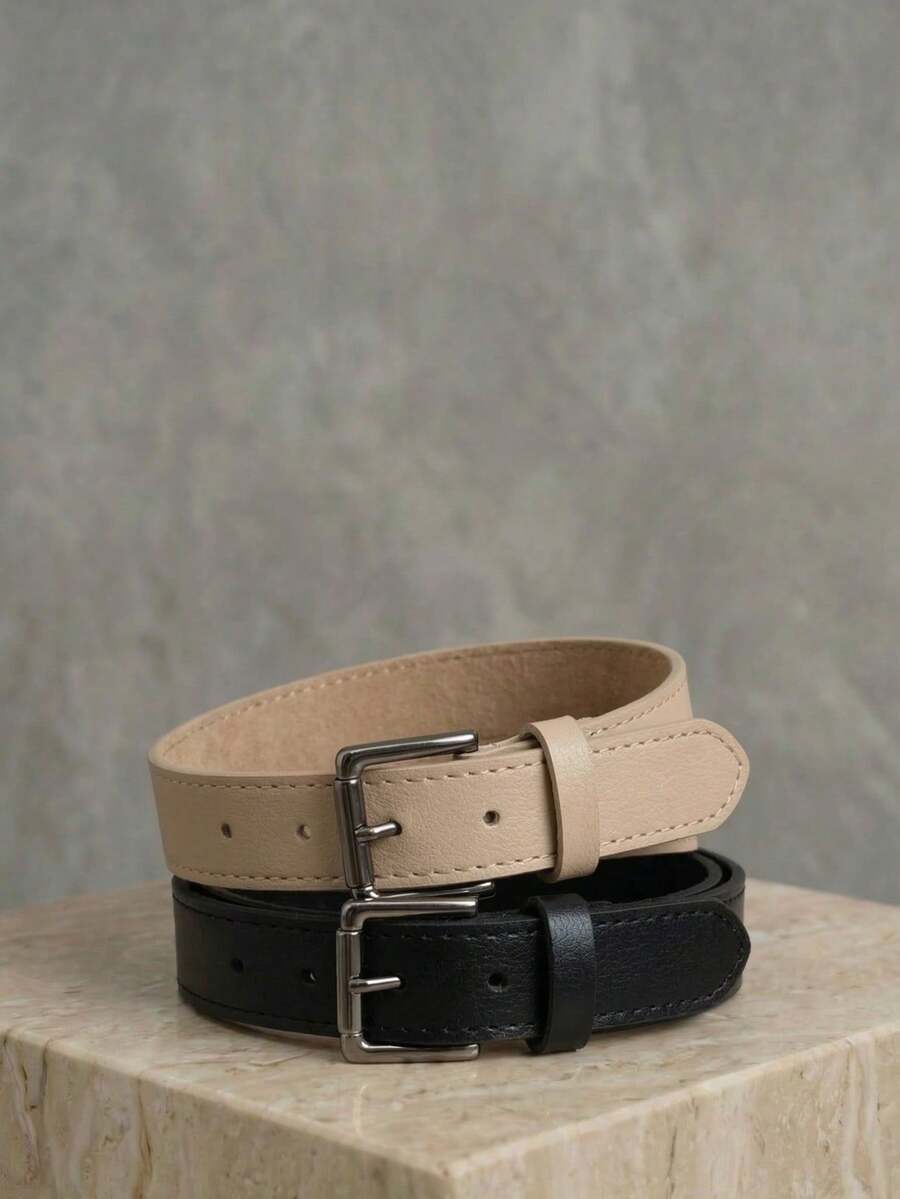 Women's Set Of Belts With Metallic Roller Buckle In Minimalist Faux Leather - Black and Beige - View 1