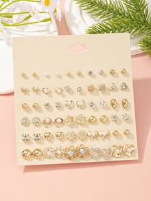 30 Pairs Cute Heart Flower, Faux Pearl, Bow Stud Earrings Set, Delicate Daily Wear Earrings, Suitable As Gift For Friends - Yellow Gold - View 1