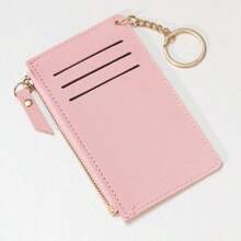 Zipper Card Holder With Keychain, Suitable As Gift For Friends And Family - Pink - View 4