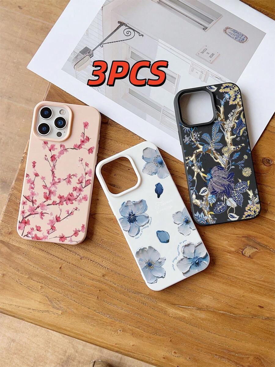 3 件装液态硅胶 TPU 手机壳，花卉图案（1 个粉色梅花图案，1 个黑色蓝花印花，1 个白色蓝花图案），兼容 11/11 Pro Max/12/12 Pro/12 Pro Max/13/13 Pro/13 Pro Max/14/14 Pro/14 Pro Max/14 Plus/15/15 Pro/15 Pro Max/15 Plus/16/16 Pro/16 Pro Max/16 Plus/17/17 Pro/17 Pro Max - 彩色 - 查看 1