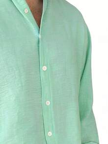 男士纯蓝色休闲长袖衬衫，户外休闲简约时尚衬衫，休闲上衣 - 青碧色 - 查看 3