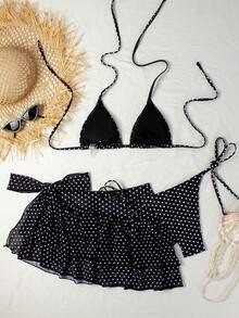 Bộ đồ bơi nữ, kiểu dáng thanh lịch chấm bi hở lưng phong cách bohemian, thích hợp cho mùa hè. - Đen và trắng - Xem 3