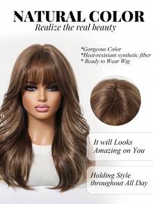 18-Inch Long Wavy Brown Wig With Blonde Highlights, Heat Resistant Synthetic Fiber Wig, Natural Daily Cosplay Party Wig For Women - Brown - View 3