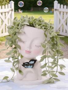 Facial Planter/Pot, Suitable For Indoor And Outdoor Plants, Made Of Resin, Suitable For Succulents, With Drainage Hole, Cute Lady Face Shaped Planter - A - View 7