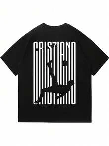T-shirt ampia da uomo in stile casual da strada, con stampa a righe e sagoma di giocatore di football, design elegante, essenziale estivo, facile da abbinare - nero - Visualizzare 3